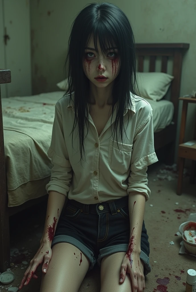 I need you to generate a creepy looking girl, SERIOUS LOOK, Very pale skin almost as if it were going to rot, black hair, straight, long and disheveled, very thin to the bone, malnourished , She is dirty with a black liquid on her hands, He is wearing black shorts and a white shirt, although stained with black liquid in some parts., eyes completely black but difficult to see, dry lips, It is very dirty. The room will be a room with a bed but very dirty, There is a lot of garbage and dishes, spoiled food , The walls are scratched and there is little light.
