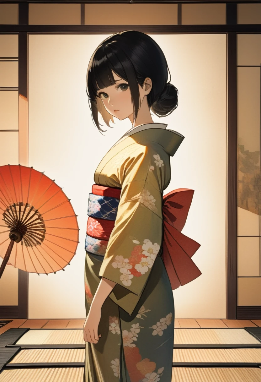 Pencil outline watercolor painting, a Japanese girl, straight black hair, traditional hair ornament, yukata, ephemeral, serious face, silhouette, standing on tatami, from front, look at viewer,