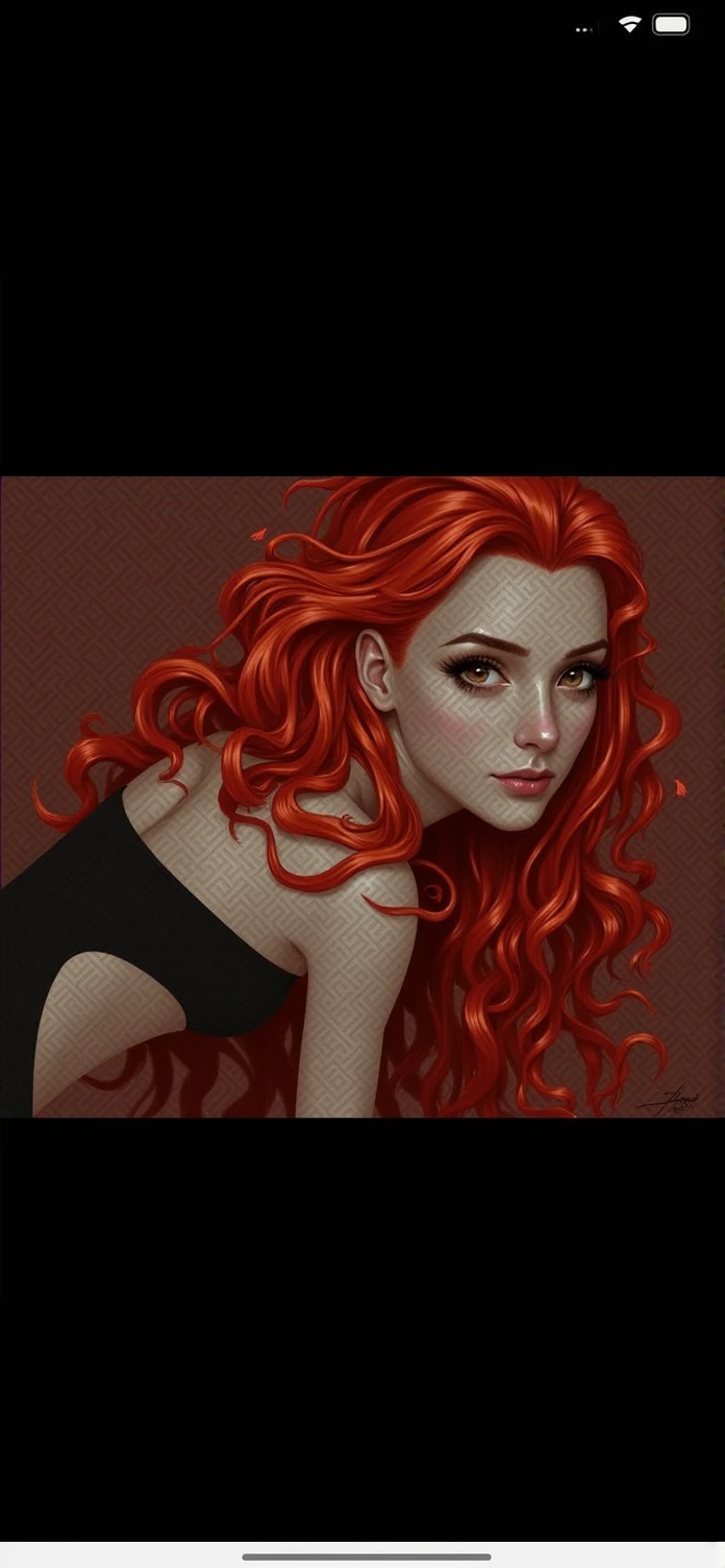 red-haired woman+ with innocent features +but sensual+ brown and almond shaped eyes+ long curly hair+ body-hugging dress