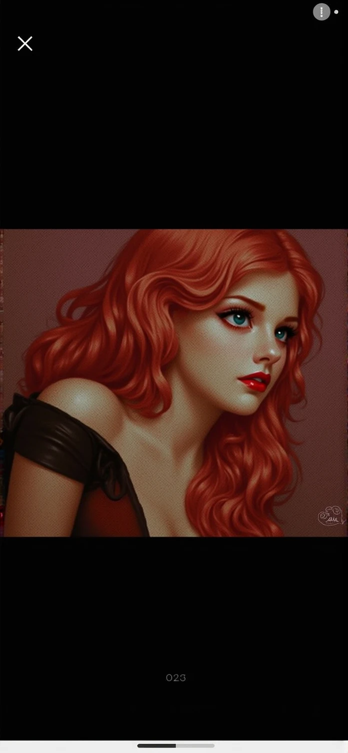 red-haired woman+ with innocent features +but sensual+ brown and almond shaped eyes+ long curly hair+ body-hugging dress