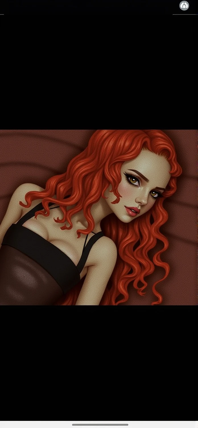 red-haired woman+ with innocent features +but sensual+ brown and almond shaped eyes+ long curly hair+ body-hugging dress