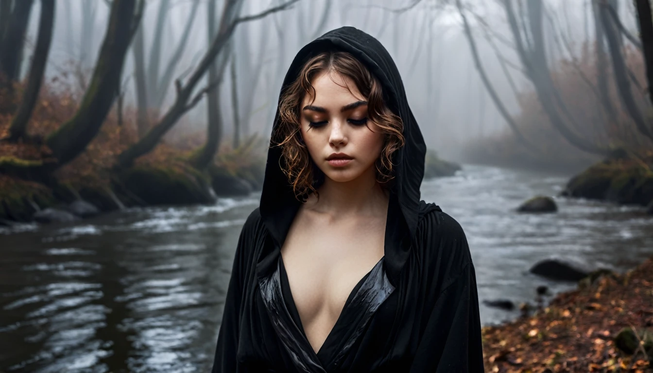 ((masterpiece, Fantasy,One eye closed,Black paint on eyelids and cheeks, Girl)), Brown wavy short hair, Black hooded robe,Heavy Robe,assassin, forest, Small River, fog