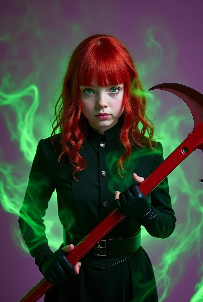 Photograph of a 16 year old girl, perfect face, masterpiece, black daring clothes, red scythe weapon,redhead, green eyes, green aura, purple.