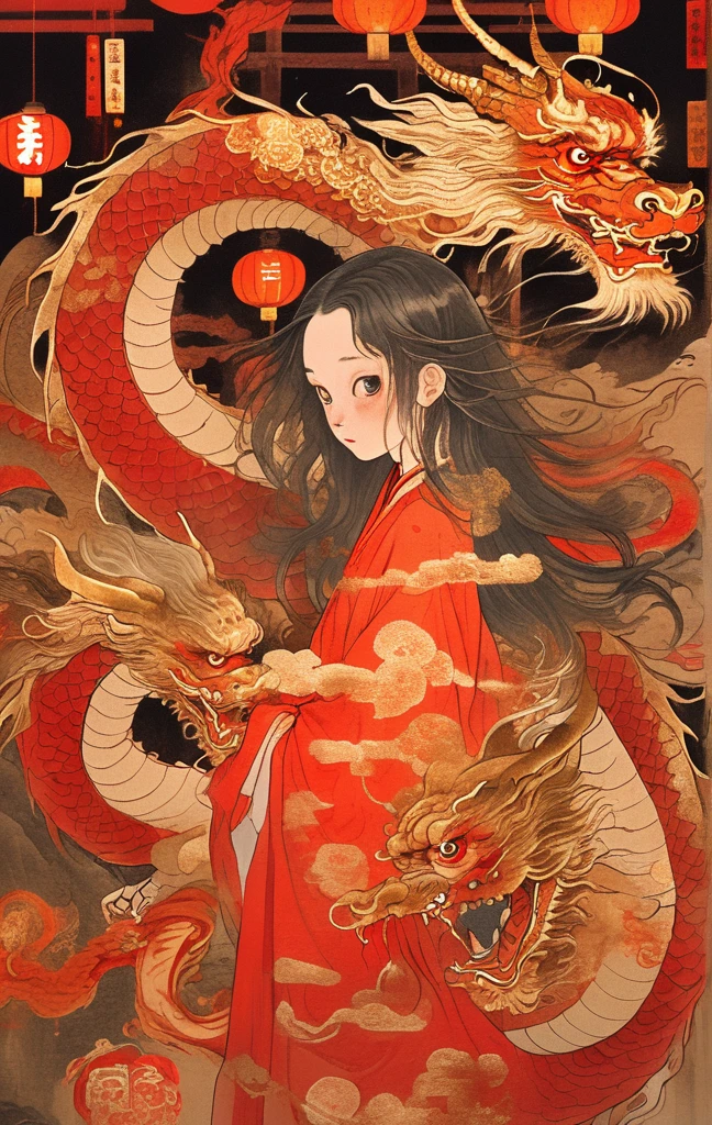 A long-haired girl dressed in red and gold has her head bitten off by a dragon, surrounded by traditional symbols such as lanterns, renku poems, and gold bars. Standing in front of the background, the colors are bright and vivid, but also a little eerie.