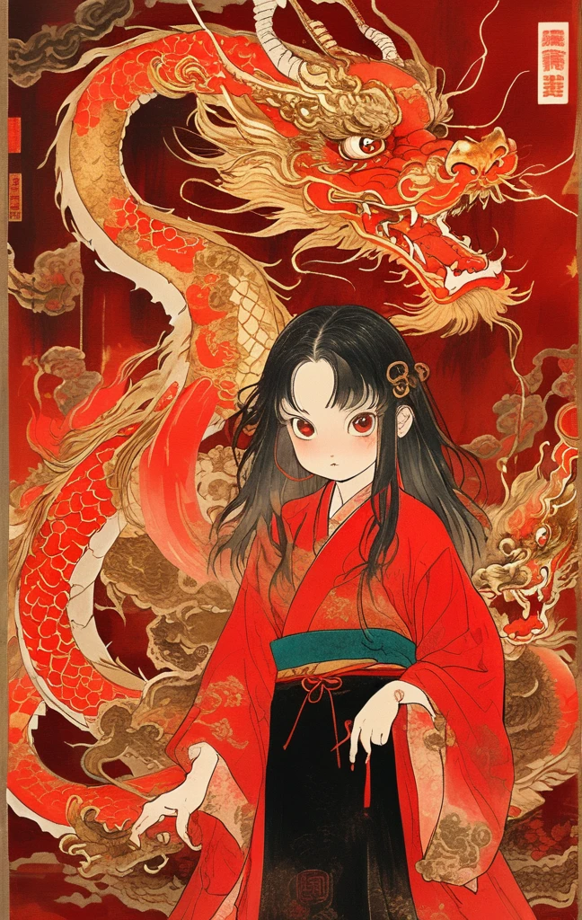 A long-haired girl dressed in red and gold has her head bitten off by a dragon, surrounded by traditional symbols such as lanterns, renku poems, and gold bars. Standing in front of the background, the colors are bright and vivid, but also a little eerie.