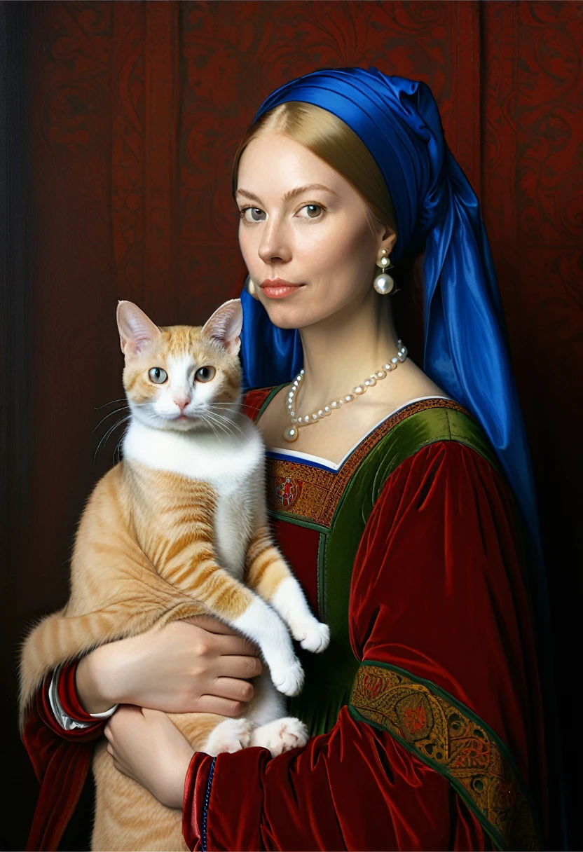 painting of a Woman with a cat in her arms, realistic renaissance portrait, in high renaissance style, in renaissance style, Woman and cat, renaissance portrait, in renaissance style, Woman / cat hybrid, cat with pearl earring, inspired by Jan van Eyck, obra-prima anthropo retrato, cat portrait, inspired by Hubert van Eyck, medieval portrait