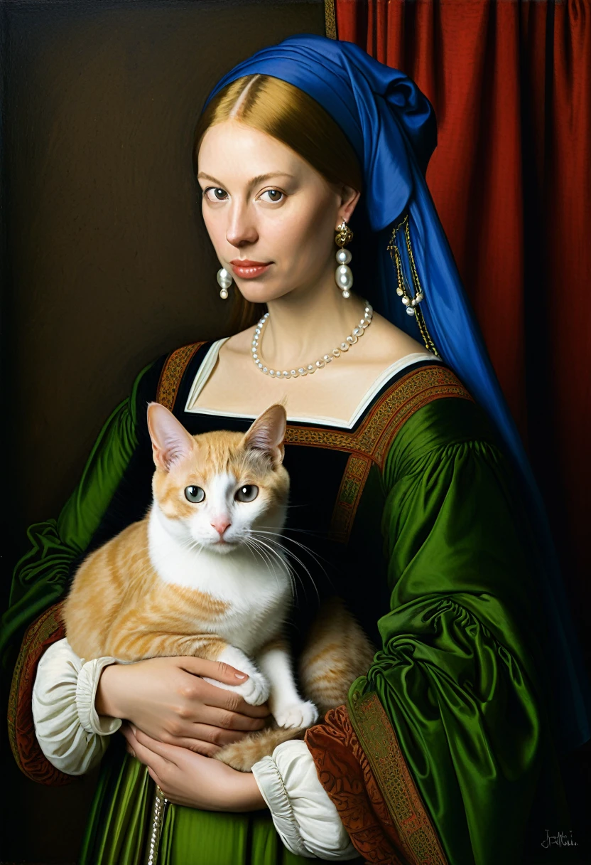 painting of a Woman with a cat in her arms, realistic renaissance portrait, in high renaissance style, in renaissance style, Woman and cat, renaissance portrait, in renaissance style, Woman / cat hybrid, cat with pearl earring, inspired by Jan van Eyck, obra-prima anthropo retrato, cat portrait, inspired by Hubert van Eyck, medieval portrait