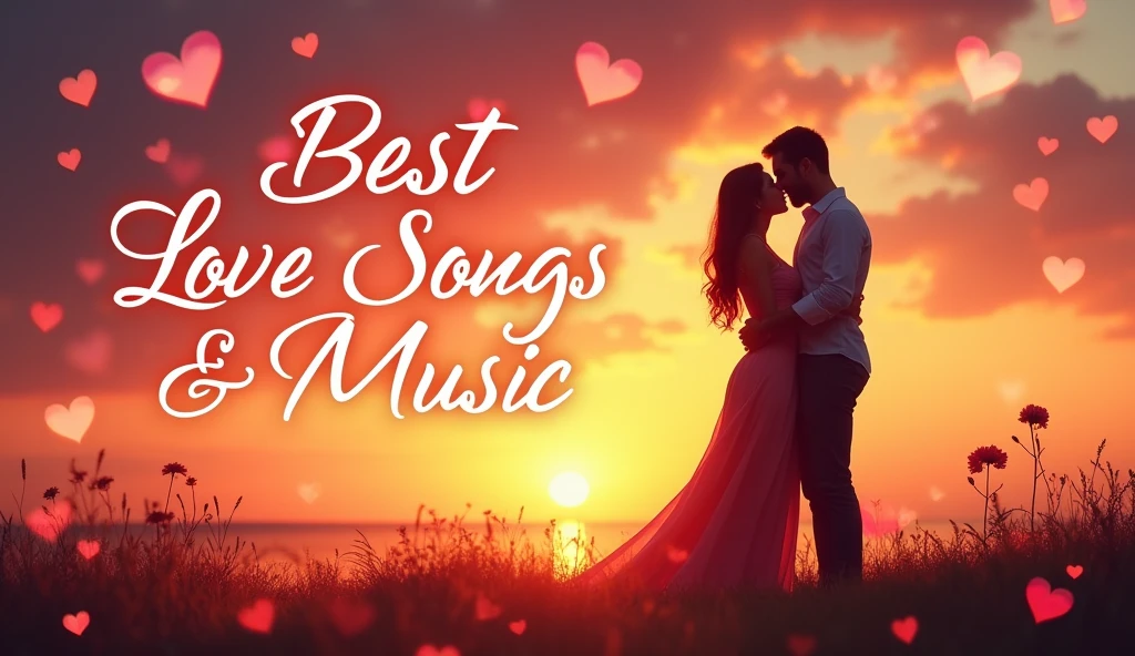 "Create a captivating YouTube thumbnail for a love songs playlist. Feature romantic imagery like hearts, couples, or sunset scenes, with bold text that reads 'Best Love Songs & Music.' Use warm, inviting colors to evoke a romantic atmosphere and attract viewers."