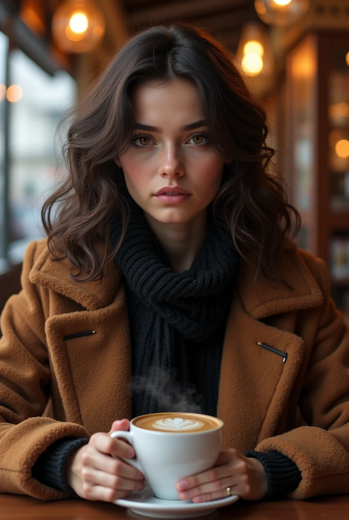 A Spanish girl , 18-age-old, beautiful girl ,in Madrid cafe, sitting pose, winter wears, coffee, (dark brown hair , brown eye, middle curl hair, serious ),noon ,(super detail, high details, high quality, accurate, anatomically correct, textured skin, beautiful fingers super detail, high details, high quality, best quality)