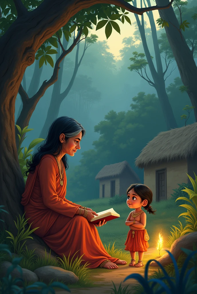 Indian picture of playful Young girl around 11 to 12 year old lives in village surrounded by dense forest show houses in the village, use the same face girl and show her listening to stories told by her old granny in the evening