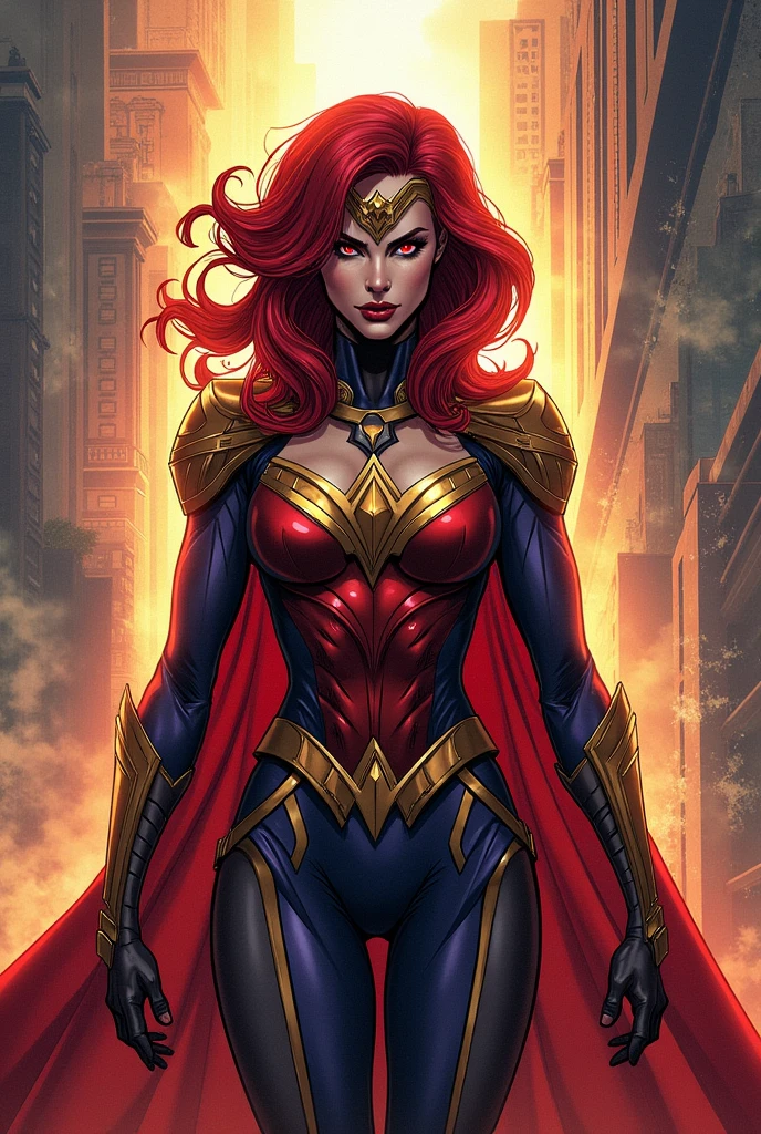 Draw a comic book supervillain with Deadpool vibes, scarlett witch y Wonder woman