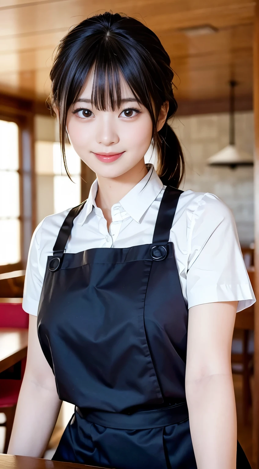 (Highest quality,masterpiece:1.3,Ultra-high resolution,),(Very detailed,Caustics),(Realistic:1.4,RAW shooting,)Ultra-Realistic Capture,Very detailed,High resolution 16K human skin closeup。 Natural skin texture、,pores、、、、It must be detailed enough to be easily identifiable。 Skin tone is even and healthy looking。 Use natural light and colour,restaurant,Waitress Uniform,1 girl,Japanese,18-year-old,cute,Black-haired,ponytail,Big Breasts,smile,Turn your body forward,(Front view:1.1),Looking into the camera,Cowboy Shot,