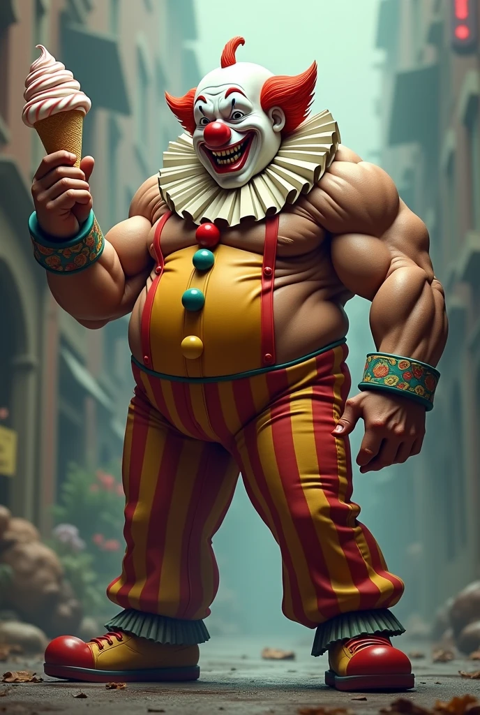 clown, brawny, with an ice cream
