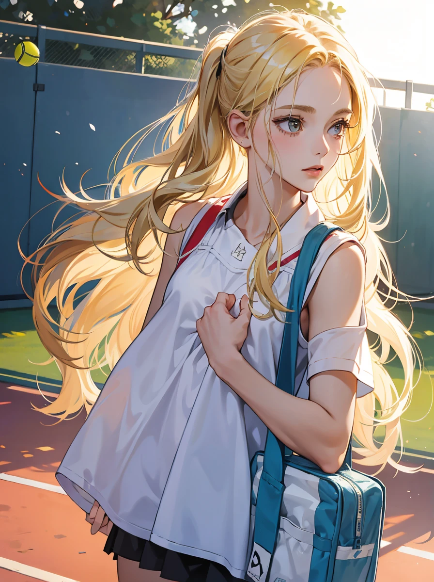 1girl, 30 years old, blonde hair, long hair, blonde, shy, playing tennis