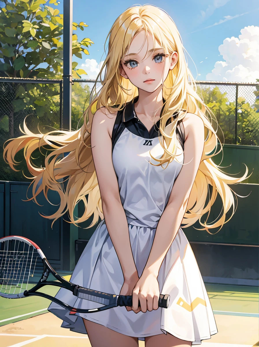 1girl, 30 years old, blonde hair, long hair, blonde, shy, playing tennis