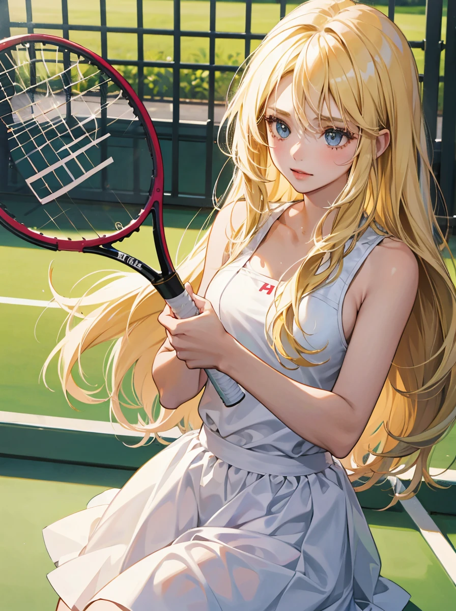1girl, 30 years old, blonde hair, long hair, blonde, shy, playing tennis