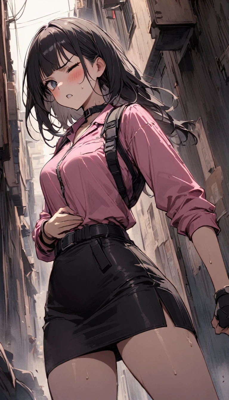 ,{{standing on one knee:1.6}},{{knee up:1.6}},{{hold down one's stomach with one's hands:1.6}},Dynamic composition,dutch angle,from below,from side,solo,170cm tall female, theatrical animation style{{Black pantyhose:1.2}}, Power Rangers pre-transformation heroine,{{Futuristic zip-up police shirts with collar}}, Long-sleeved shirt with rolled-up arms,{{Pink-based shirt:1.6}},pink shirt,BLACK PENCIL SKIRT, BLACK SKIRT,,{{small face:1.8}},{{Grit your teeth:1.4}},{{fighting stance:1.6}}{{fight:1.6}}{{masterpiece}}, {{{Highest quality}}},{{Very detailed}},{{Pain ,Suffering}},one eye closed,{{critical situation:1.6}},{}},1girl,30years old,{Mature Woman}},{{}},{{Grit your teeth:1.4}},,{{v-shaped eyebrows}},Bad mood,blush,Sweat,raise one's eyebrows、black fingerless gloves,Bad mood,profound,Beautiful thighs,clavicle、chest holster,BLACK Long Hair,Blunt bangs,Alley,Black Choker,belt
