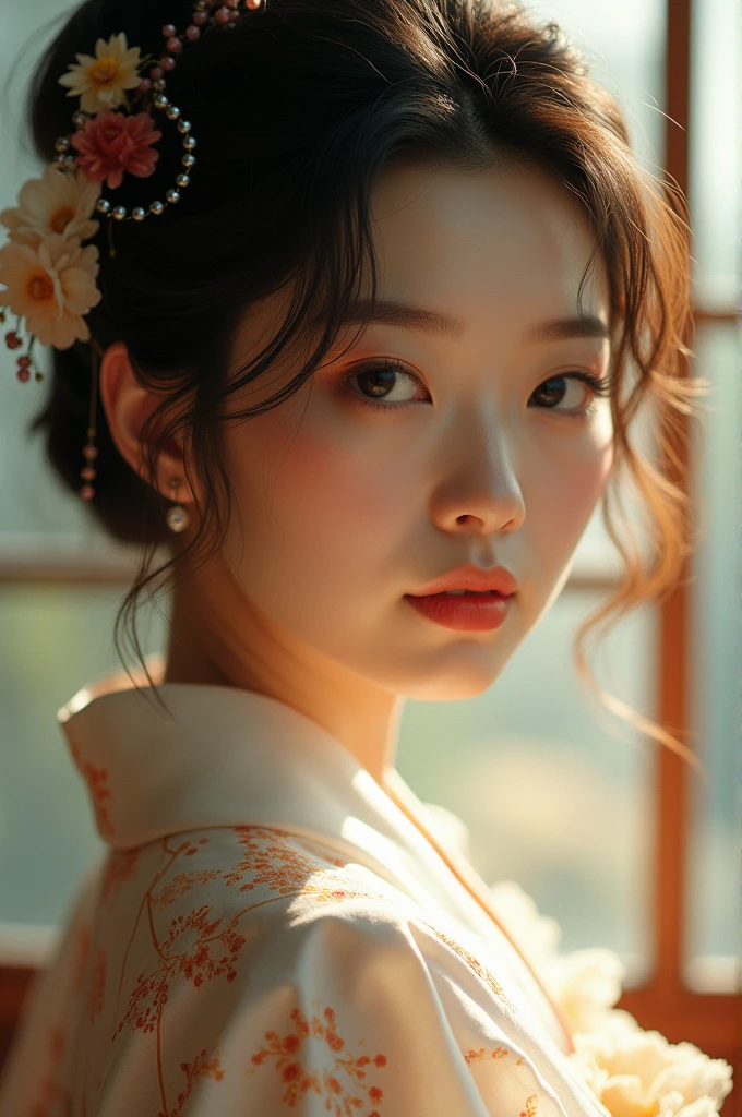 An elegantly dressed Japanese woman in natural light、A close-up of her chest and calm expression.、It shows her inner peace and outer charm.。