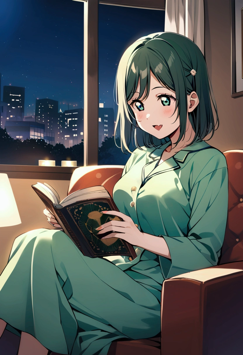 Living room background, night time, Shioriko Mifune, love live nijigasaki, green pajamas, short hair, 1girl, dark hair, shining hair, 1 fang, sitting, reading a book,