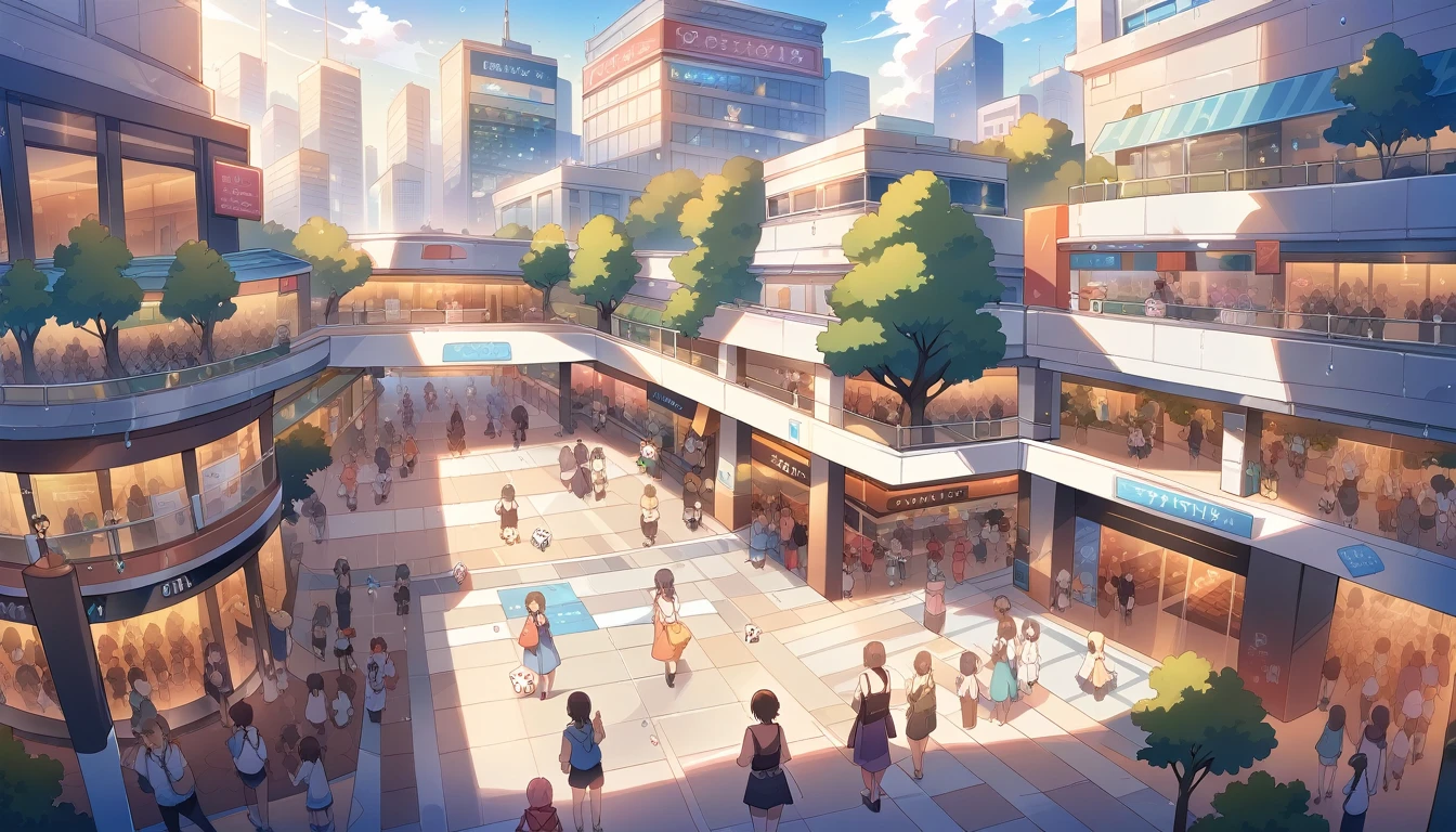 masterpiece, best quality, people, dice, city, open plaza, shopping mall, mob, summer
