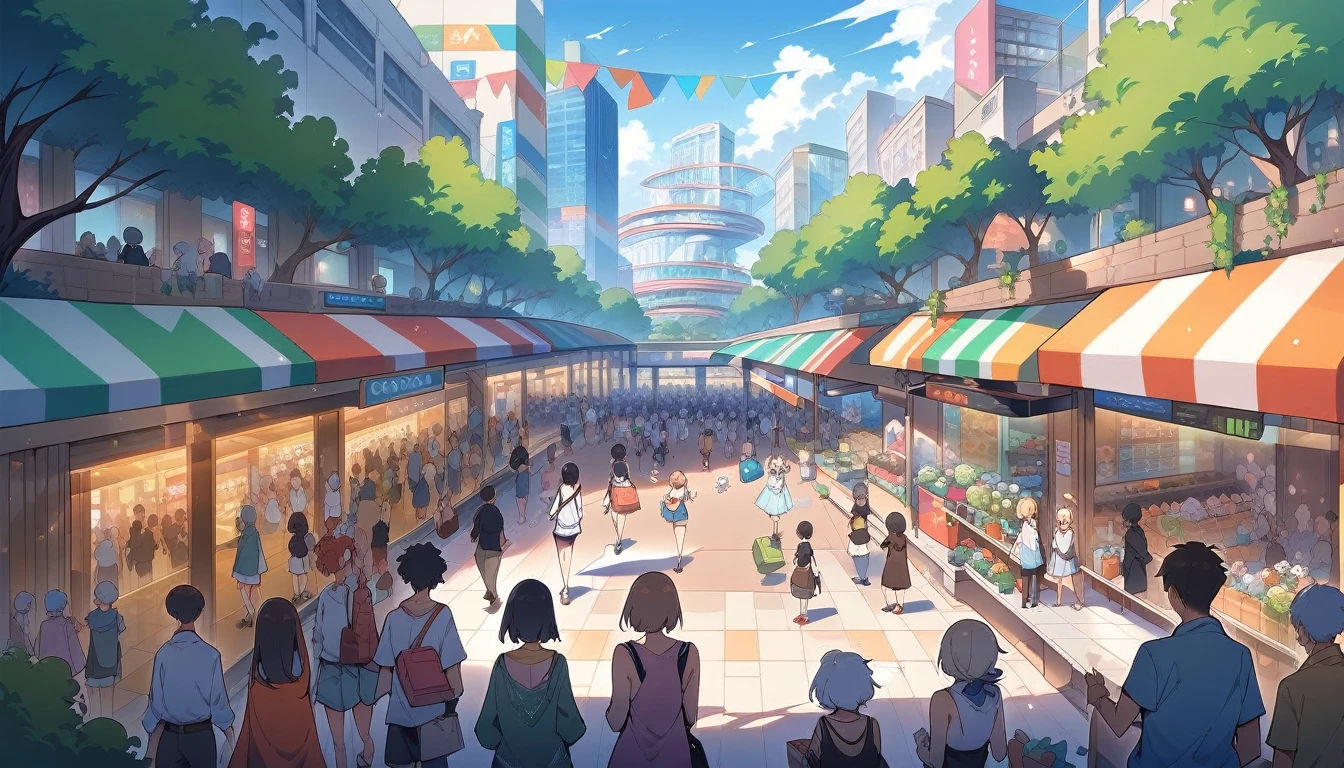 masterpiece, best quality, people, dice, city, open plaza, shopping mall, mob, summer