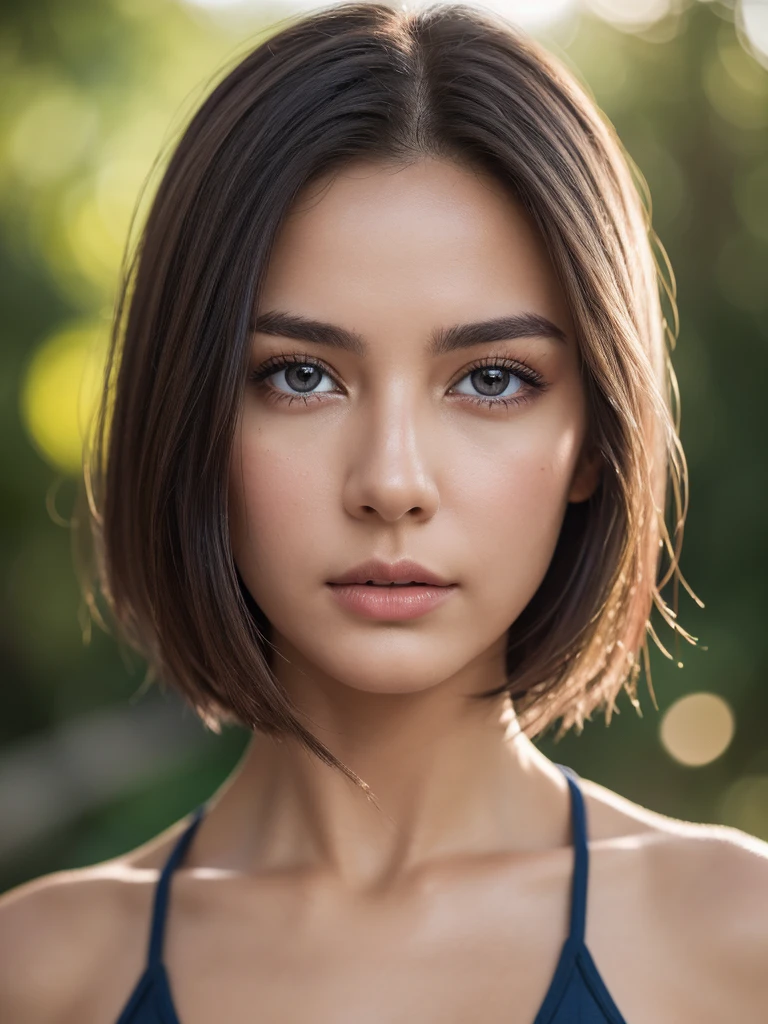raw photo, Photography, photorealistic, Vibrant 8k photography of a woman in nature., ultra detail, finely detailed, dramatic light, finely detailed beautiful eyes, detailed skin, depth of field, grey eyes,short hair, Whole body,swimwear