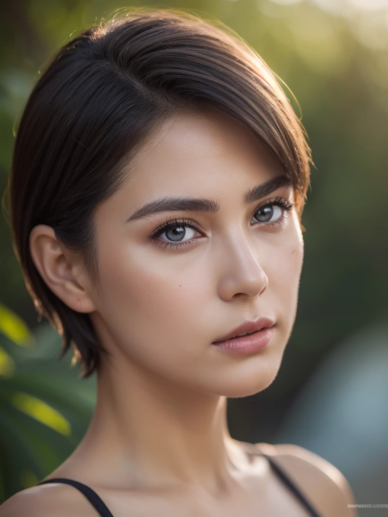 raw photo, Photography, photorealistic, Vibrant 8k photography of a woman in nature., ultra detail, finely detailed, dramatic light, finely detailed beautiful eyes, detailed skin, depth of field, grey eyes,short hair, Whole body,swimwear