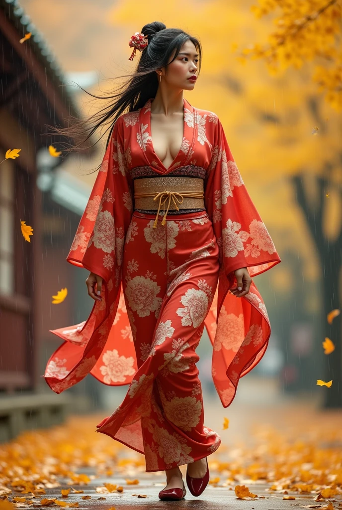 beautiful Japanese woman with big breasts in a revealing kimono, autumn, autumn yellow leaves falling, strong wind, raindrops, walking slowly, beautiful shoes, legs visible