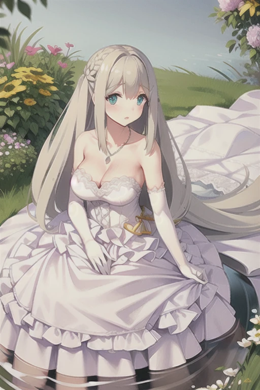 Lexington \(warship girls r\),((masterpiece)),(((best quality))),((ultra-detailed)),((illustration)),((disheveled hair)),((frills)),(1 girl),(solo),1girl, solo, hair ornament, long blonde hair, glossy lips, medium breasts, aqua eyes, wedding dress, upset, scared, elbow gloves, (sinking in mud), garden, necklace, from above, (wedding dress spread on ground),Blue eyes with highlights,flaxen long hair(delicate eyes),