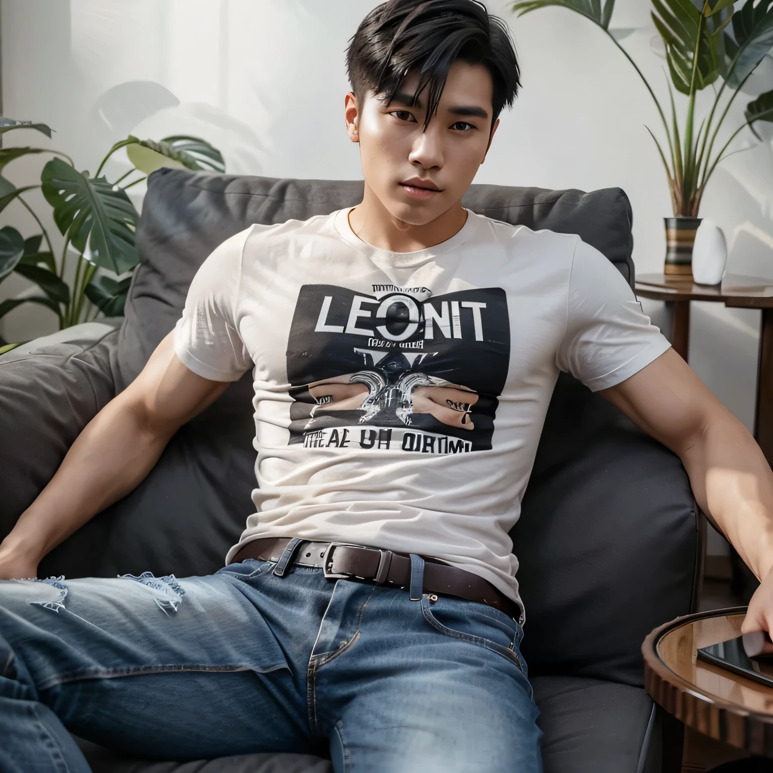 A 24-year-old handsome man korean with an black undercut hairstyle, a muscular body, wearing jeans and a T-shirt, is sitting in a tropical-style living room.