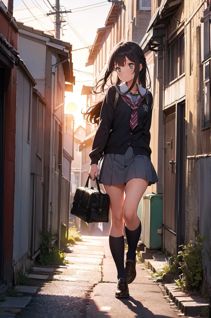 one girl in school uniform picking up a grey cat from the ground, alleyway, sunset, 50mm lens