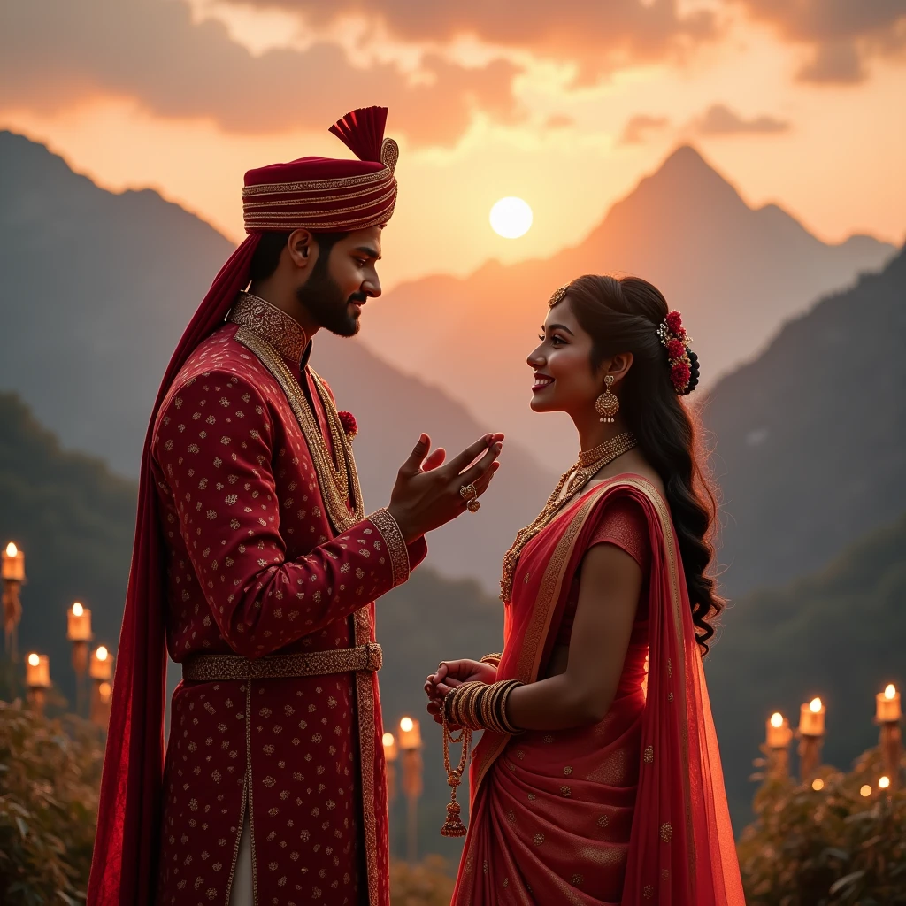 ((best quality)), ((masterpiece)), (detailed), a Indian men wearing a red dress proposing to a women wearing saree at the end of the mountain with a background of beautiful sunset and lanthers