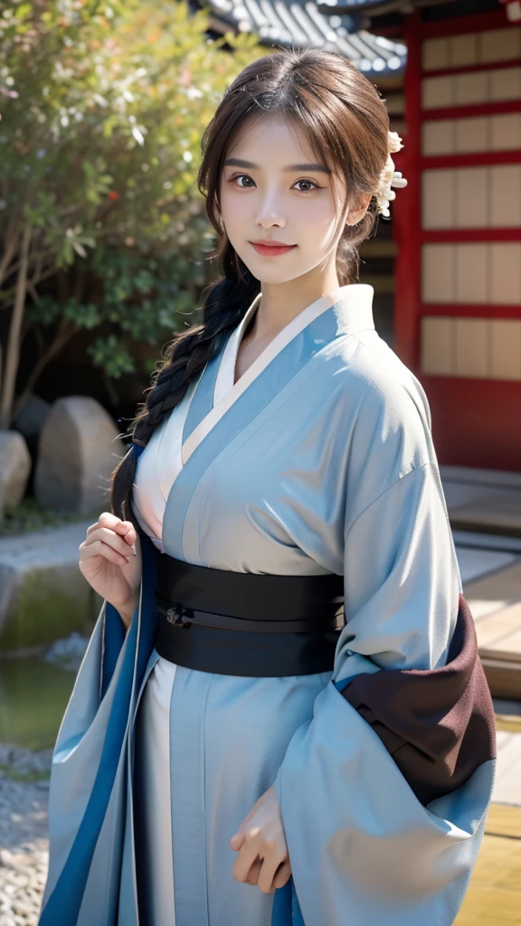 masterpiece, The best quality, Ultra-high resolution, High detail photo, Unity 8K Wallpaper, Extremely detailed CG:1.2), depth of field, bokeh, (RAW photo:1.realistic photography:1.4), (1girl:1.5), young, physically based representation, beautiful, (Finely detailed face:1.4, detailed clothing), (detailed:1.4) named (Eimi Fukada:1.1) BREAK Cara hermosa, depth of field, Add layer, hyperrealistic, 27 years old, perfect body model, perfect breasts, 175cm tall, pose sexy, full body, Whole body, Model Body Type, BREAK (extreme skin details:1.1), skin details, (kimono:1.3), double eyelid BREAK smile, seductive pose, standing, standing outside, medieval japanese house, outdoor, medieval style, (medieval japan:1.3), (close up:0.3), french braids, Nikon Z7 II camera, Fuji Velvia 50 film, 50mm lens, high saturation