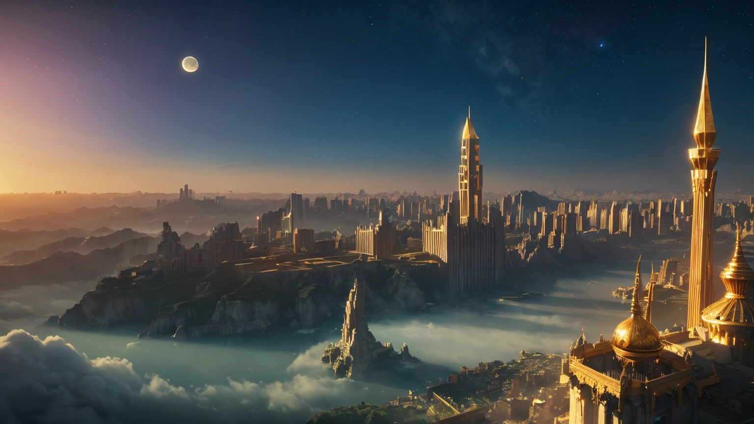 Fantasy, Shine, dragon kingdom, Cloud World, Flying Angel, Majestic gates and pillars, sun, Moon and Stars, In heaven, skyline, 
Flying debris, Highest quality, Very detailed, 
Sidon, Sidon style
(Realistic, Very delicate and beautiful, Written boundary depth, Film Grain, Professional Lighting, 
Photon Mapping, Radio City, Physically Based Rendering,