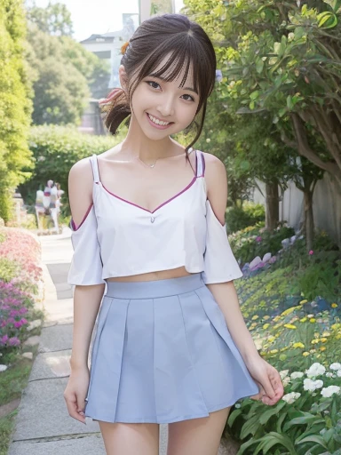 Japanese female, (underweight), (flat chest best quality:1.5), 30-year-old, (cheerful grin:1.5),
flower garden, ((twins)), cheerful, standing, flipped hair, (cold-shoulder sleeves,shirts,white mini skirt,thighs), Japanese idol, in the flower garden, blue sky and shining lights, calm atmosphere, cowboy shot, low angle shot