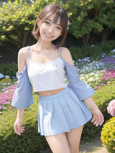 Japanese female, (underweight), (flat chest best quality:1.5), 30-year-old, (cheerful grin:1.5),
flower garden, ((twins)), cheerful, standing, flipped hair, (cold-shoulder sleeves,shirts,white mini skirt,thighs), Japanese idol, in the flower garden, blue sky and shining lights, calm atmosphere, cowboy shot, low angle shot
