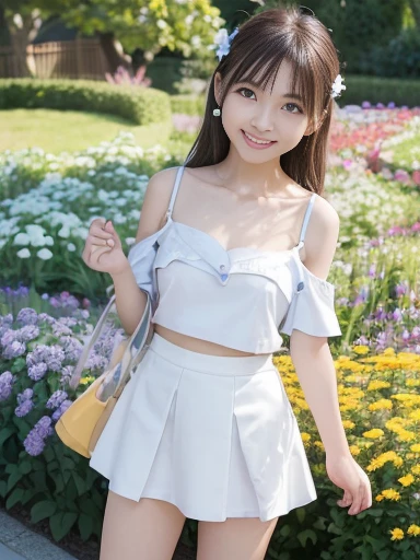 Japanese female, (underweight), (flat chest best quality:1.5), 30-year-old, (cheerful grin:1.5),
flower garden, ((twins)), cheerful, standing, flipped hair, (cold-shoulder sleeves,shirts,white mini skirt,thighs), Japanese idol, in the flower garden, blue sky and shining lights, calm atmosphere, cowboy shot, low angle shot