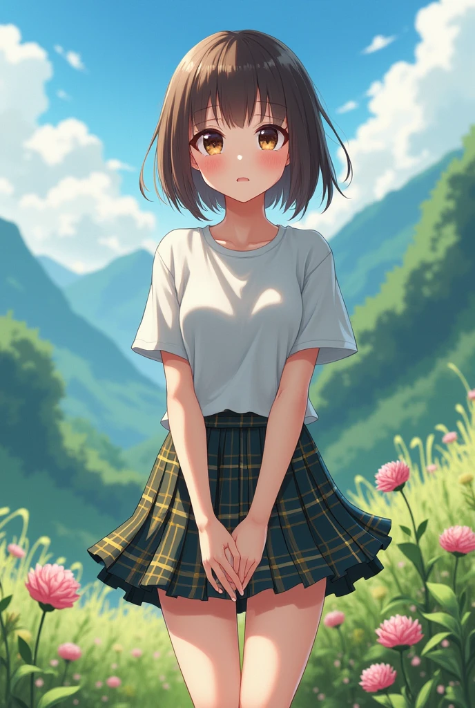 One Girl, (T-Shirts, Tartan Check Pleated Mini Skirt, Delicate girl:1.3), (16 years old:1.3), break, (sea of clouds, flower, Green Mountain々Background of high mountains with snow:1.2), break, Embarrassed Laugh, Very beautiful eyes, (Symmetrical eyes:1.3), break, (Big Breasts:1.3), Brown eyes, Parted bangs, Brown bob cut hair, Round face, cute, break, (Eye and facial details:1.0), Spread your legs, Shooting from below, Pussy Line, Camel Toe, Looking into the camera, nude, masterpiece, Highest quality, RAW Photos, Realistic, Cute Girls, Written boundary depth, High resolution, Very detailedな, In detail, Very detailed, Very detailed目と顔, Sharp pupils, Cinema Lighting