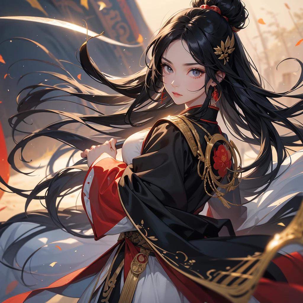 A beautiful woman with long black hair, wearing a hairpin, wearing an ancient Chinese general's outfit, holding a long sword, on the battlefield, close up.