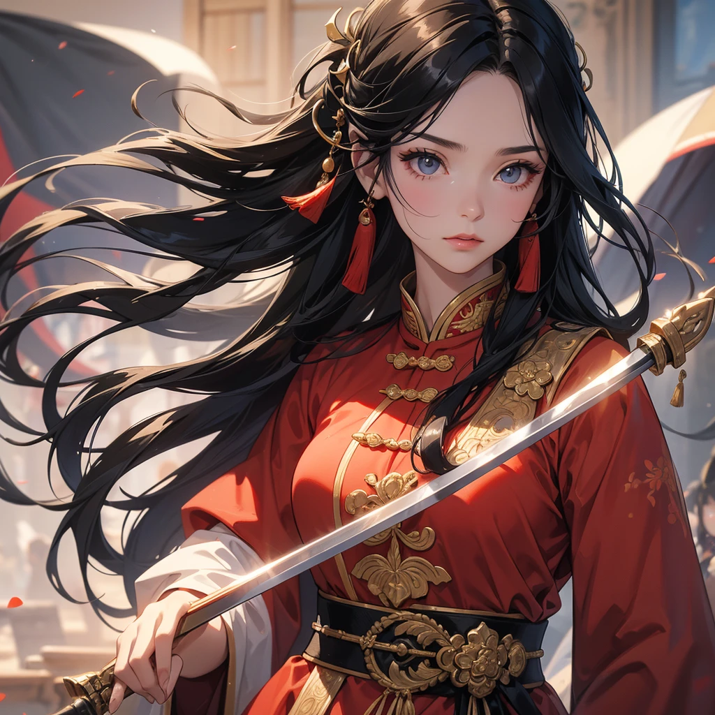 A beautiful woman with long black hair, wearing a hairpin, wearing an ancient Chinese general's outfit, holding a long sword, on the battlefield, close up.