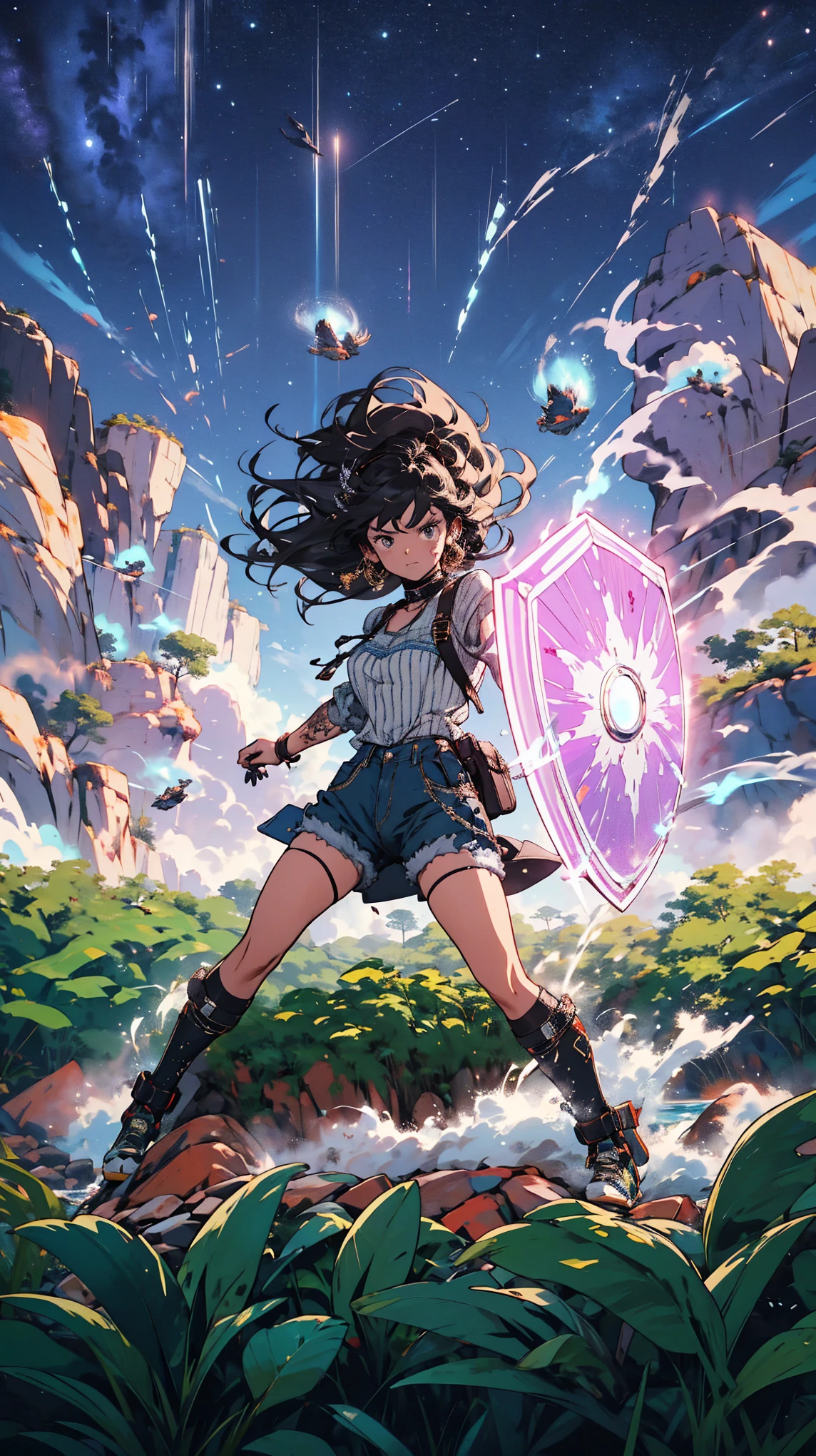 (high quality), (masterpiece), (detailed), 8K, (Teenage girl1.3) stands in (field gone awry1.3), her (shimmering shield1.4) skillfully absorbing (chaotic energy bursts1.3) from (rogue crops1.2) releasing (toxic spores1.3). Her (determined expression1.4) shows a deep commitment to (restoring balance1.3), as the community's (safety and stability1.3) rest on her actions. (Subtle glow1.2) from the shield highlights her efforts. (high quality), (masterpiece), (detailed), 8K, Anime style character with (cool and edgy tattoos1.3), dressed in (fashionable clothing1.2), posing confidently. Expression fierce, stylish accessory coiled around arm. Thicker outlines emphasize striking, modern fashion, vibrant palette enhances scene.