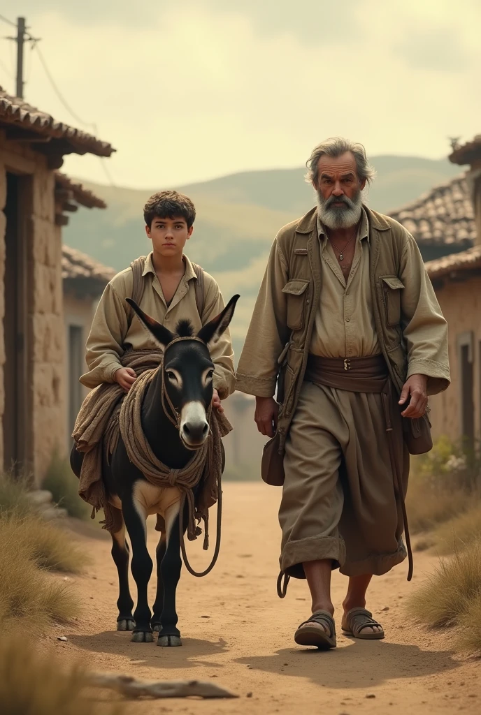 A 18  year boy and his father  walking along a donkey in olden times