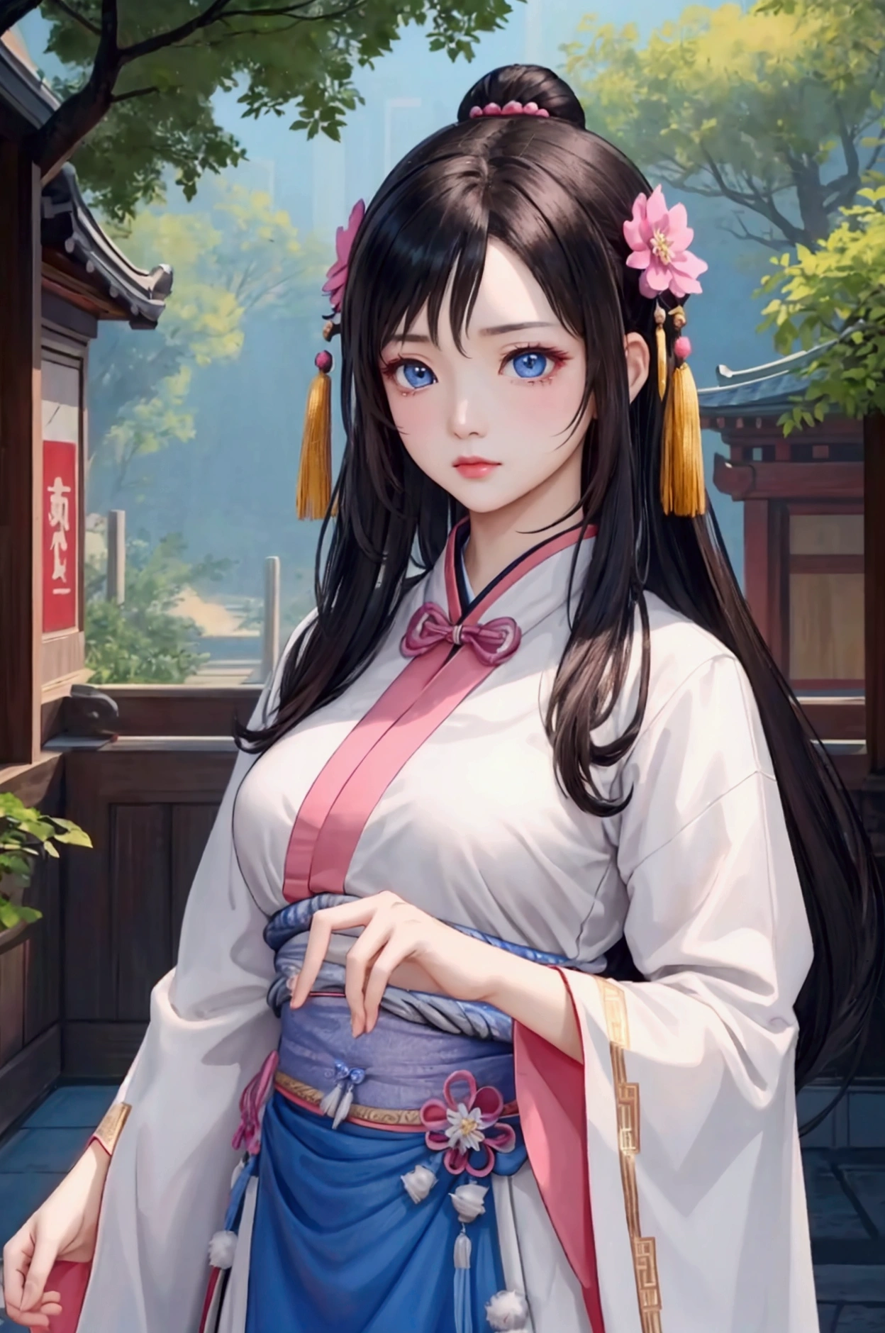 (Highest quality、 8k 、masterpiece、High resolution)、(Chinese Drama、Changgexing、Li Changge、Dililaba)、Tang Dynasty、Changan、1 Female、Beautiful young person、blue eyes、Pretty lips、(Anime Beauty)、(Anime Art)、A single tear、Light colored long hair、Light pink Hanfu、Twilight Forest、古いChanganの街並み、Official Art、Detailed CG、