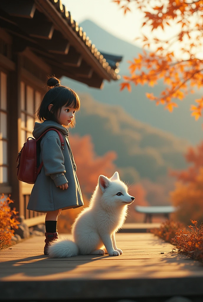 a detailed portrait of a young girl with a white fox, wearing a backpack and cloak, standing on a platform in front of a wooden house in autumn, Hokkaido, (detailed face), (fine fur), (35mm film lens), (multiple angles), (various perspectives), delicate, elegant, cinematic, warm tones, dramatic lighting, hyper-realistic