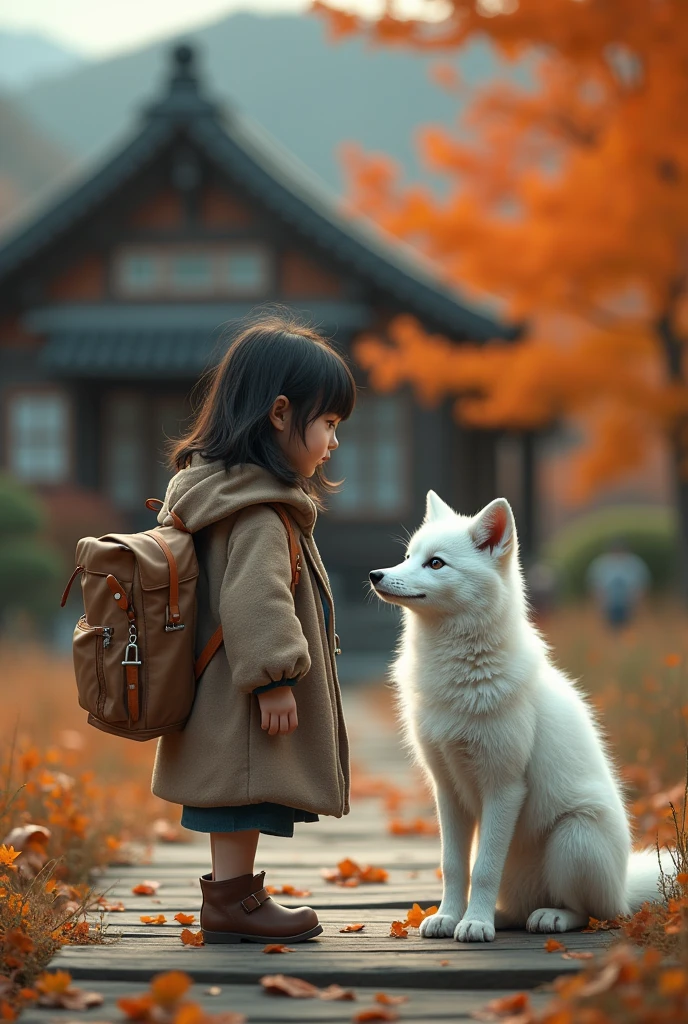 a detailed portrait of a young girl with a white fox, wearing a backpack and cloak, standing on a platform in front of a wooden house in autumn, Hokkaido, (detailed face), (fine fur), (35mm film lens), (multiple angles), (various perspectives), delicate, elegant, cinematic, warm tones, dramatic lighting, hyper-realistic
