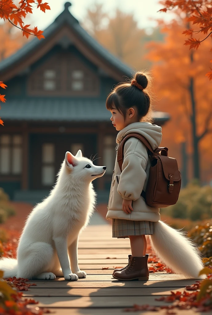a detailed portrait of a young girl with a white fox, wearing a backpack and cloak, standing on a platform in front of a wooden house in autumn, Hokkaido, (detailed face), (fine fur), (35mm film lens), (multiple angles), (various perspectives), delicate, elegant, cinematic, warm tones, dramatic lighting, hyper-realistic