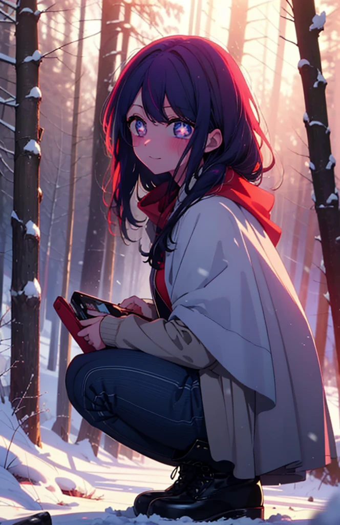 aihoshino, Ai Hoshino, Long Hair, bangs, (Purple eyes:1.1), Purple Hair, (Symbol-shaped pupil:1.5), smile,,smile,blush,white breath,
Open your mouth,snow,Ground bonfire, Outdoor, boots, snowing, From the side, wood, suitcase, Cape, Blurred, , forest, White handbag, nature, Squat, Mouth closed, Cape, winter, Written boundary depth, Black shoes, red Cape break looking at viewer, Upper Body, whole body, break Outdoor, forest, nature, break (masterpiece:1.2), Highest quality, High resolution, unity 8k wallpaper, (shape:0.8), (Beautiful and beautiful eyes:1.6), Highly detailed face, Perfect lighting, Highly detailed CG, (Perfect hands, Perfect Anatomy),