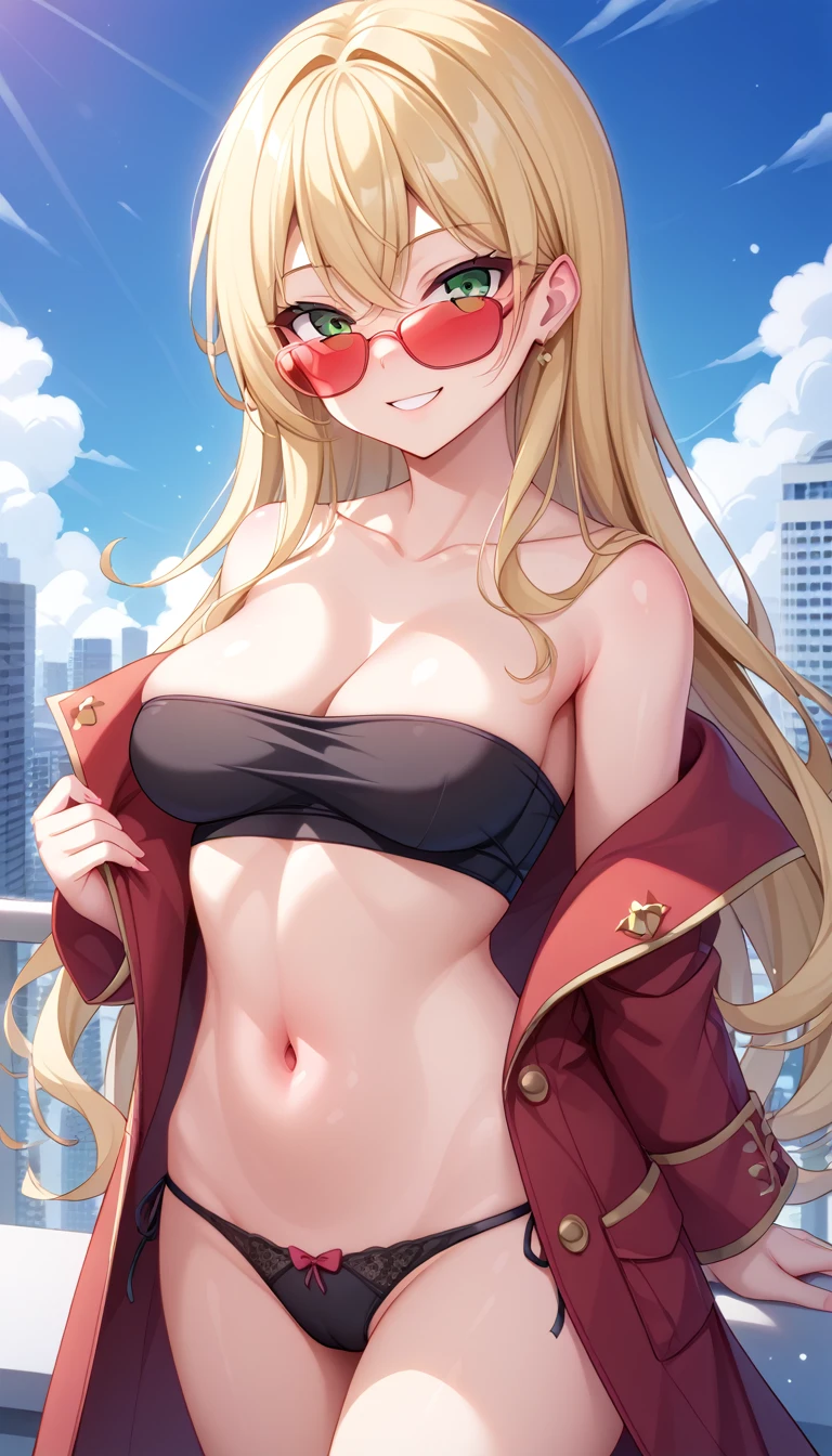 woman、Early 20s、Wicked Smile、Blonde、Long Hair、Green Eyes、Frameless sunglasses with red lenses、breast enhancement、sexy、sexyなポーズ、Black tube top、hot pants、Bright red long coat、R-18、City of night
