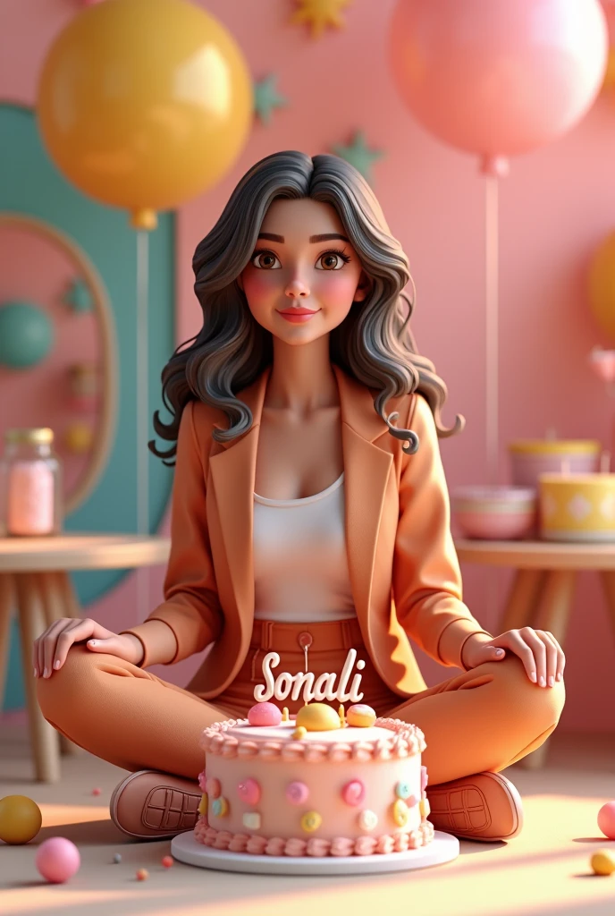 3D illustration of a girl
sitting casually on front of a cake. The character must wear casual moder clothing such as sut and sandal shoes. The background of the image is a party theme. Write 'Sonali' on the birthday cake. Make sure the text is not misspelled. His age is 24