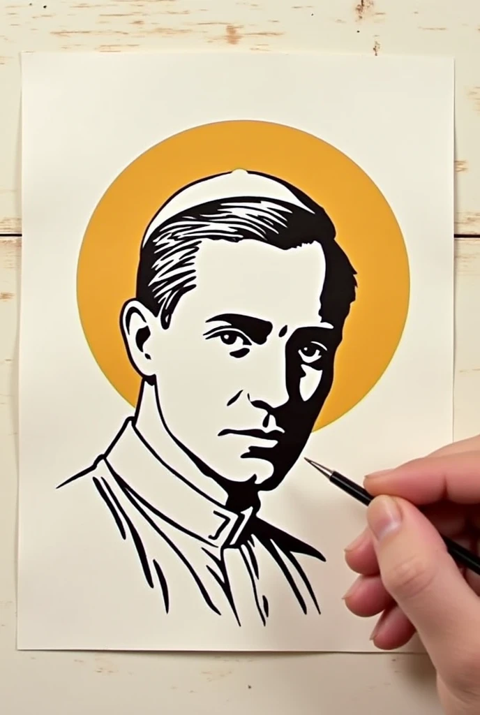 Create a simple stencil using only two colors of Pope Saint Pius X as a young man
